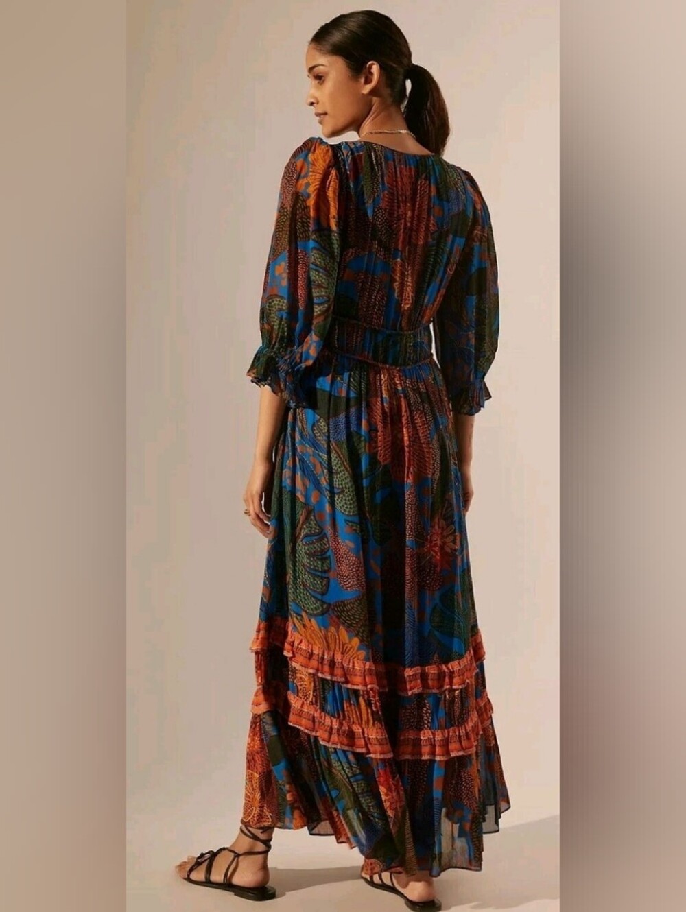 FARM Rio Puff Sleeve Anthropologie Blue Rust Floral Maxi Dress Tropical Medium - Picture 2 of 9